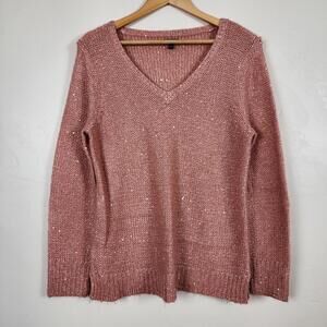APT.9 Women’s Long Sleeve Pink V-Neck Sparkled Sweater Size Large Preppy